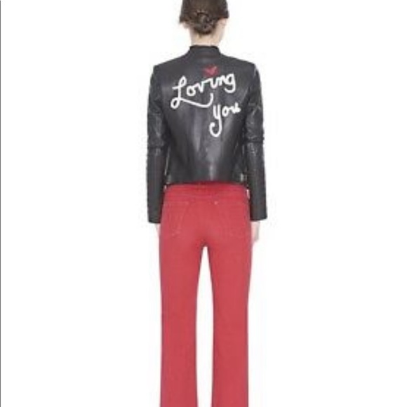 Alice + Olivia “Gamma" Embroidered Lambskin Leather Biker Jacket "Loving You" - Picture 5 of 14